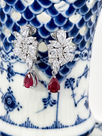 Floral Cluster Diamond Ruby Drop Earrings in 18K White Gold