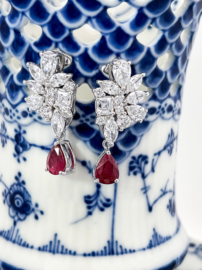 Floral Cluster Diamond Ruby Drop Earrings in 18K White Gold