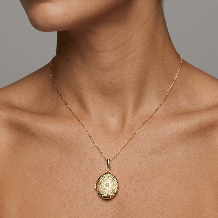 Radiant Oval Locket Green Opal Pendant Necklace in 14K Yellow Gold