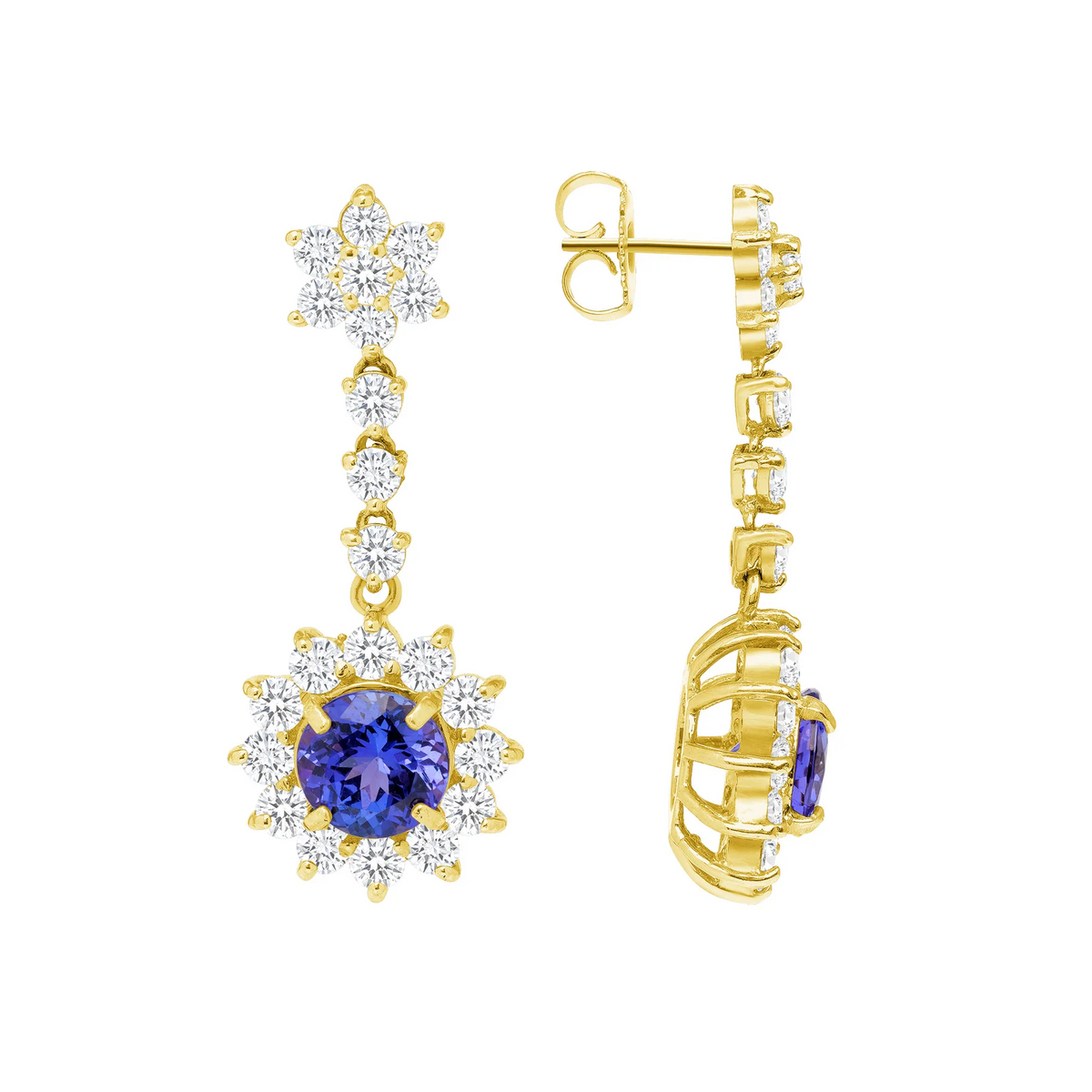 Blue Sapphire Halo Drop Earrings in 14K Yellow Gold