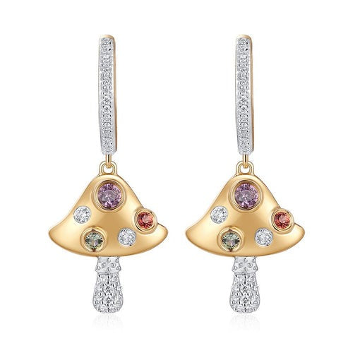 Multi Gemstone Diamond Mushroom Drop Earrings in 14K Yellow Gold