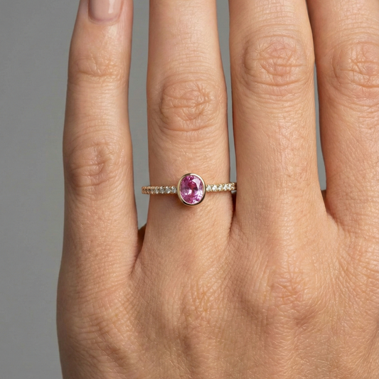 Oval Pink Sapphire 14K Diamond Band Ring