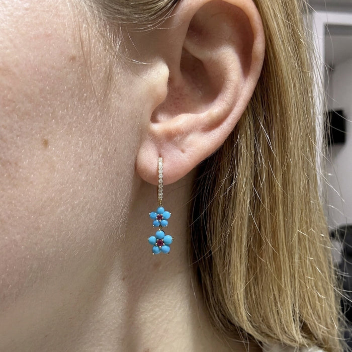 Blooming Turquoise Floral Drop Earrings in 14K Yellow Gold