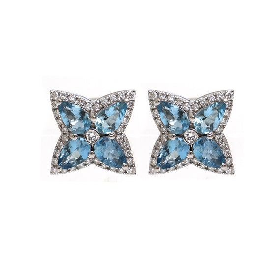 Aquamarine & Natural Diamond Floral Stud Earrings in 18K White Gold