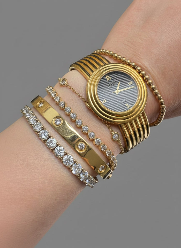 Round Basket Set Natural Diamond Straight 14K Gold Tennis Bracelet