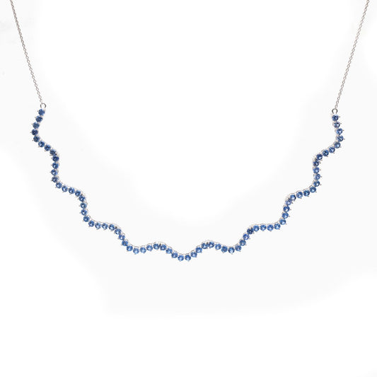 Elegant Blue Sapphire 18K White Gold Wave Necklace