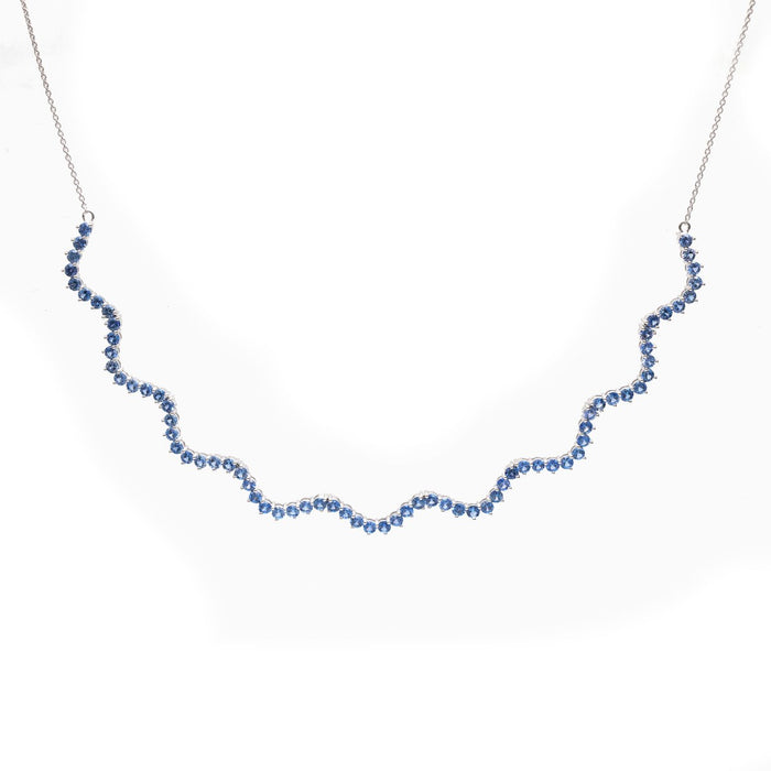 Elegant Blue Sapphire 18K White Gold Wave Necklace