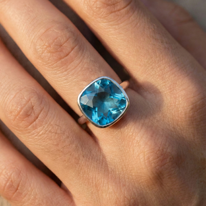 Classic Blue Topaz 14K White Gold Cushion Cut Ring