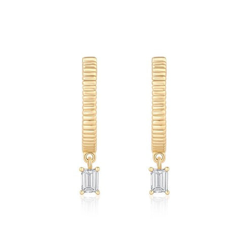 Emerald Cut Ribbed Bar Drop Earrings in 14K Yellow Gold