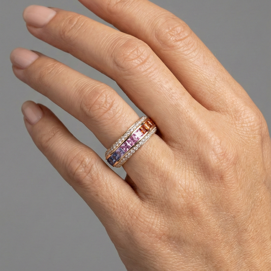 Distinctive Multicolor Sapphire 14K Gold Band Ring
