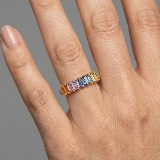 Colorful Baguette Sapphire 14K Gold Statement Ring