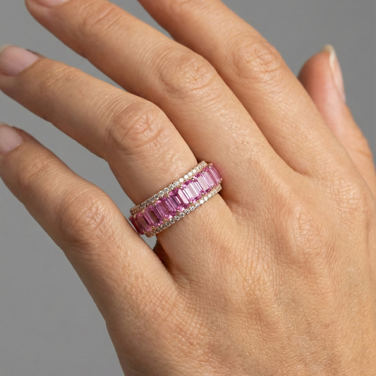 Exquisite Pink Sapphire Diamond 14K Gold Eternity Band Ring