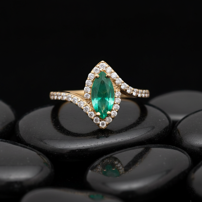 Marquise-Cut Emerald 14K Yellow Gold Diamond Halo Ring