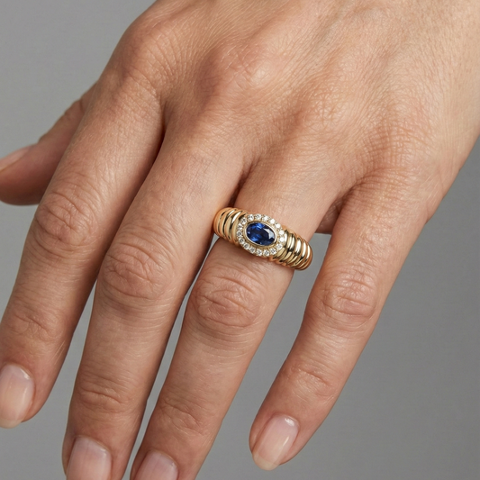 Deep Oval-Cut Blue Sapphire 14K Diamond Halo Ring