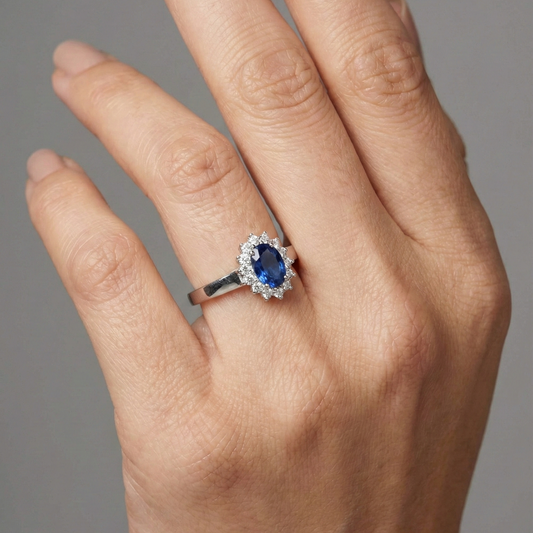 Oval Blue Sapphire 14K Diamond Cluster Ring
