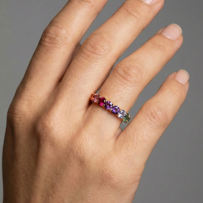 Gleaming Rainbow Sapphire 14K Gold Eternity Ring