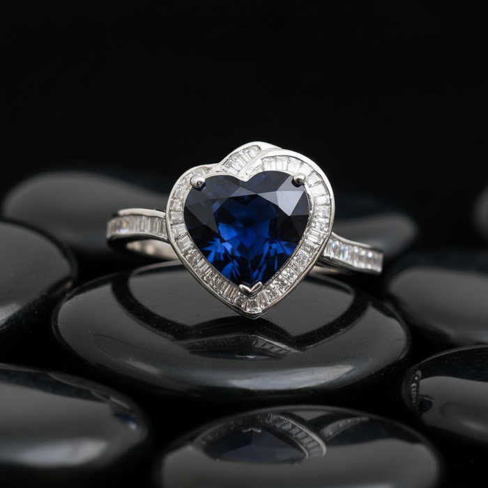 Heart-Cut Blue Sapphire Diamond Halo Ring in 14K White Gold