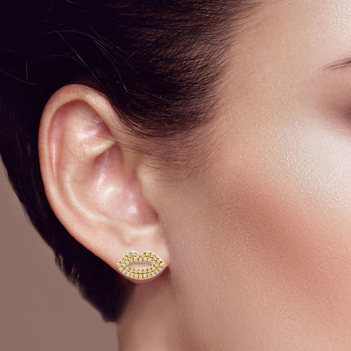 Diamond Lips Button Earrings in 14K Yellow Gold