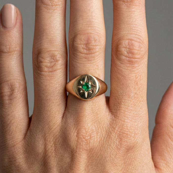 Emerald Compass 14K Gold Signet Ring