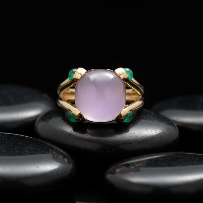 Lavender Chalcedony 14K Emerald Accent Cushion Ring