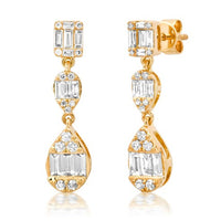 Baguette Round Triple Drop Dangle Earrings in 14K Yellow Gold