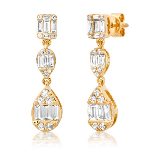 Baguette Round Triple Drop Dangle Earrings in 14K Yellow Gold