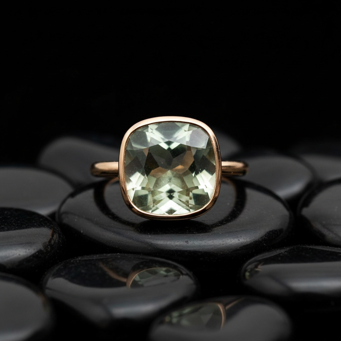 Green Amethyst Cushion Cut 14K Gold Ring