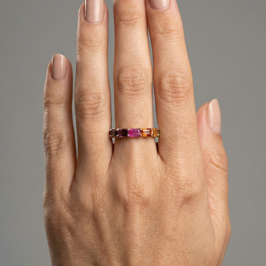 Colorful Sapphire Baguette 14K Gold Eternity Ring