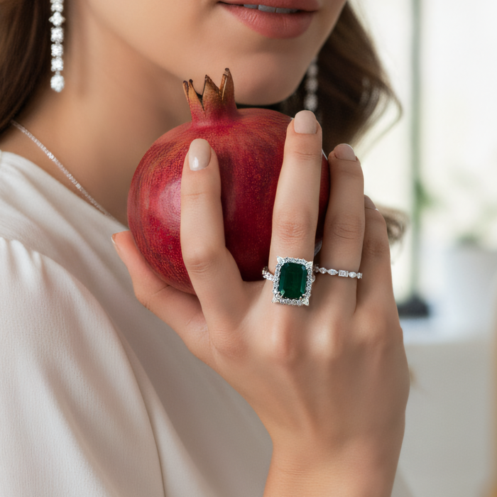 Majestic Emerald Cut Green Gemstone Ring in 18K White Gold