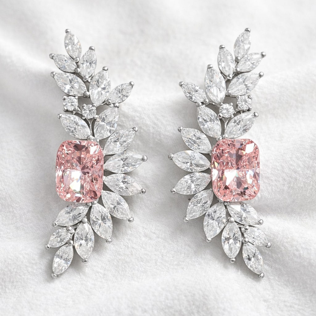 Pink Diamond 14K Gold Leaf Drop Earrings