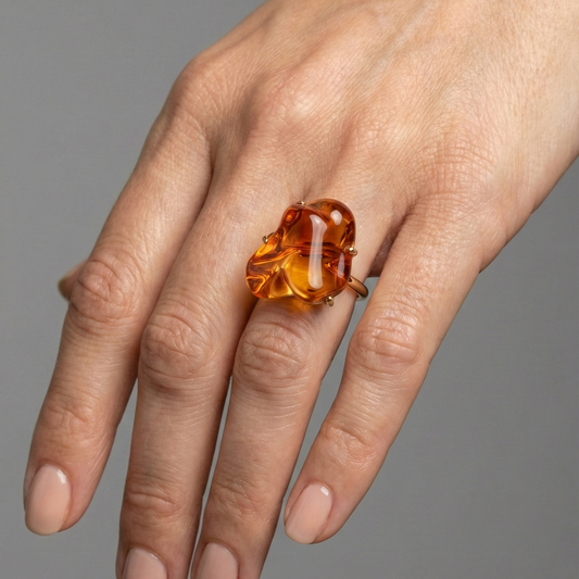 Organic Amber 14K Yellow Gold Statement Ring