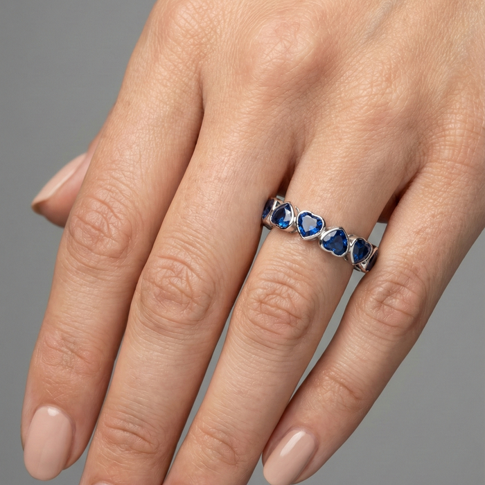 Heart Blue Sapphire 14K White Gold (18K Custom) Bezel Eternity Ring