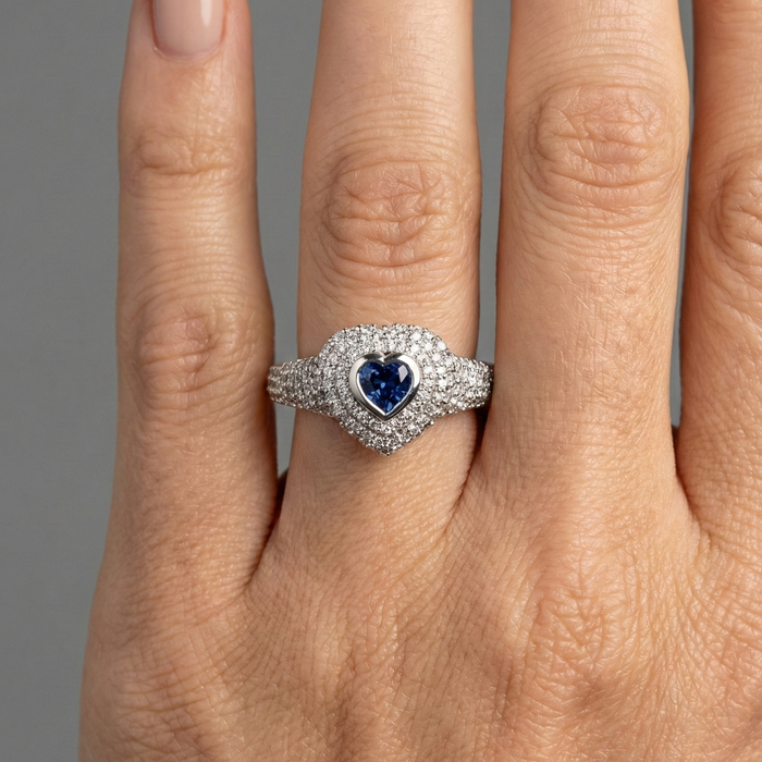 Heart Blue Sapphire Diamond Halo Ring in 14K White Gold