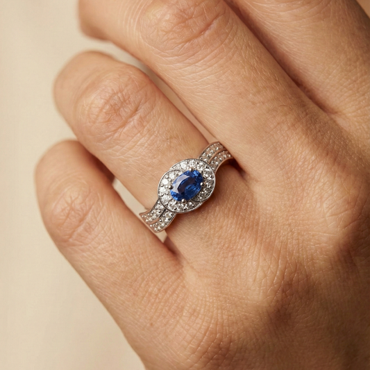 Classic Oval 14K Blue Sapphire Diamond Halo Ring