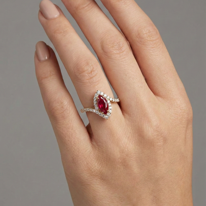 Marquise Ruby 14K (18K Custom) Gold Diamond Halo Ring