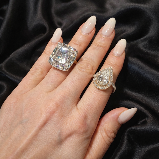Luxury Diamond Duo Cushion Cut & Pear Halo Rings in 14K White Gold