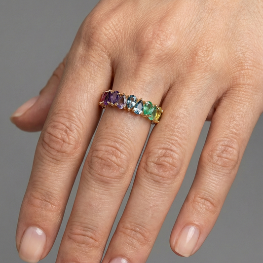 Exquisite Multi-Color Sapphire & Emerald Eternity 14K Gold Ring