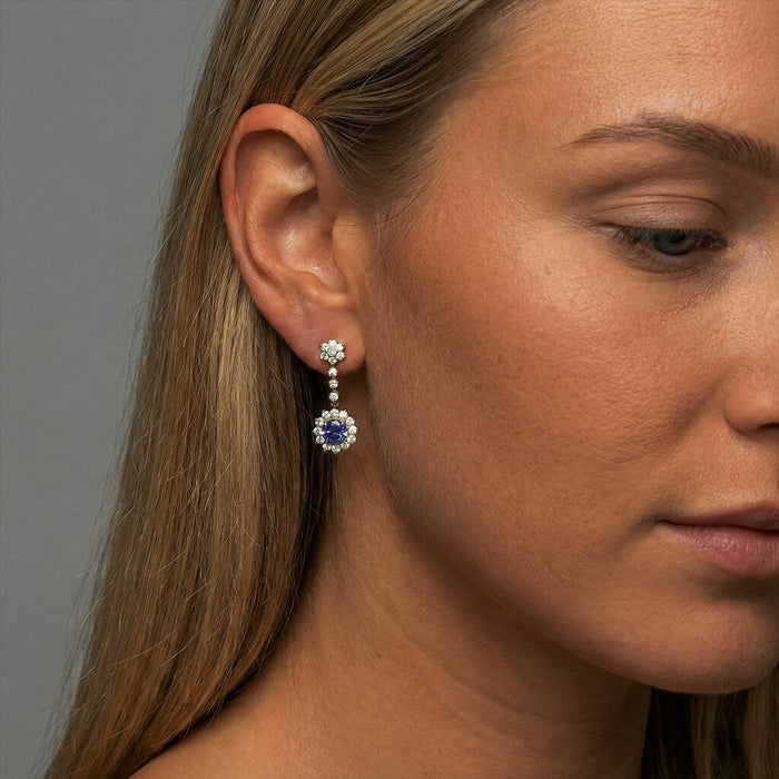Blue Sapphire Halo Drop Earrings in 14K Yellow Gold