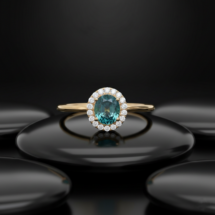 Oval Blue Sapphire Diamond Halo 14K Gold Ring