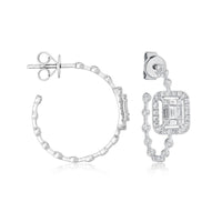 Baguette Diamond Frame Hoop Stud Earrings in 14K Yellow Gold