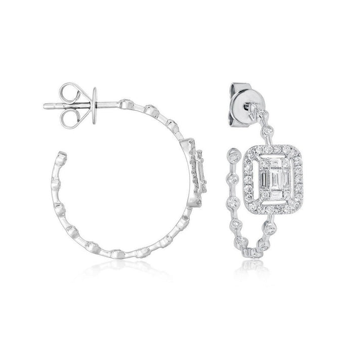 Baguette Diamond Frame Hoop Stud Earrings in 14K Yellow Gold