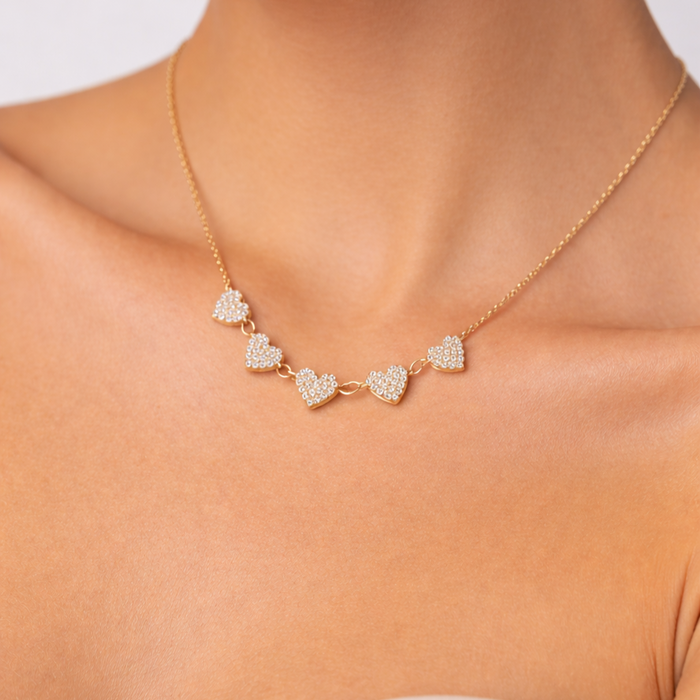 Five Pave Hearts Diamond Necklace in 14K Yellow Gold