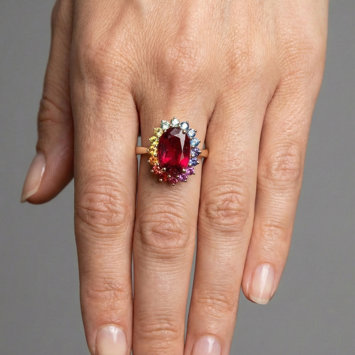 Rainbow Gemstone & Ruby 14K Gold Ring