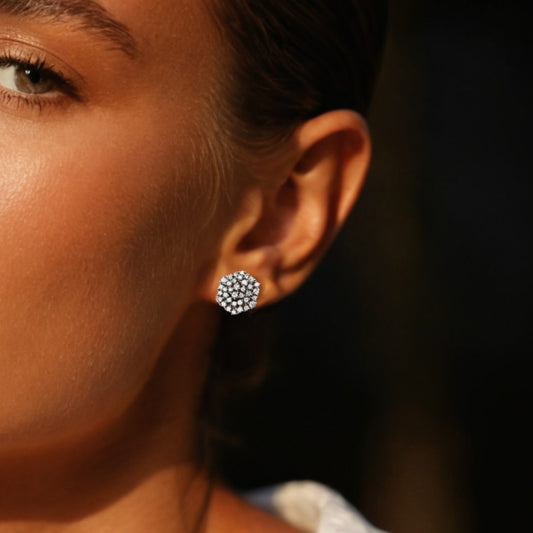 Radiant Diamond Floral Stud Earrings in 14K White Gold
