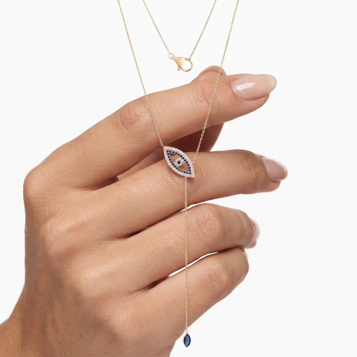 Diamond Eye Shape Lariat Necklace in 14K Yellow Gold