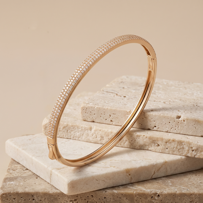 Micro Pave Diamond Oval Bangle Bracelet in 14K Yellow Gold
