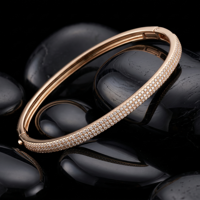 Micro Pave Diamond Oval Bangle Bracelet in 14K Yellow Gold