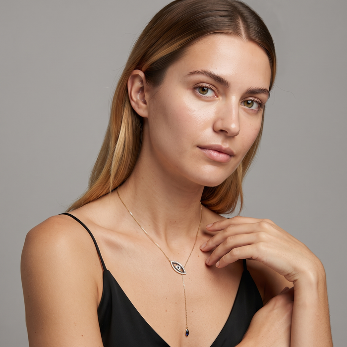 Diamond Eye Shape Lariat Necklace in 14K Yellow Gold