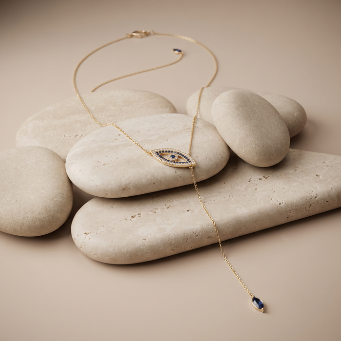 Diamond Eye Shape Lariat Necklace in 14K Yellow Gold
