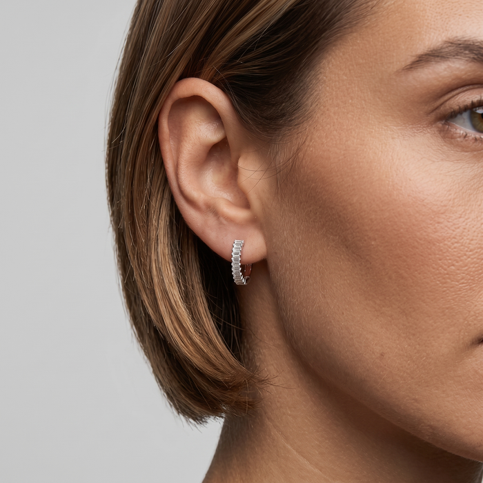 Baguette Diamond Pave Huggie Earrings in 14K White Gold